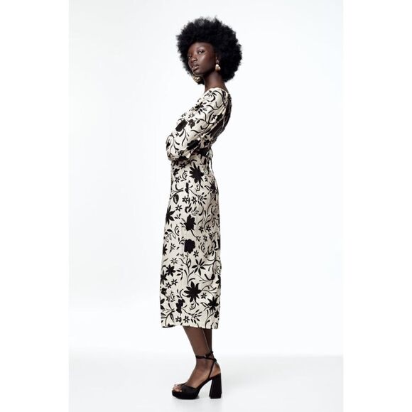 NWT Zara Blogger’s Favorite Linen Floral Gathered Short Puff Sleeves Midi Dress - Picture 3 of 16